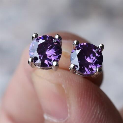 7mm Round Stone Small Stud Earrings Rainbow Crystal Zircon Screw Back Earrings Vintage Silver Color Wedding Earrings For Women