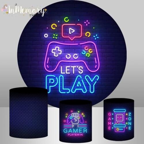 Neon Lights Playstation Round Backdrop Birthday Party Decoration Candy Table Circle Cylinder covers Photo studio Background