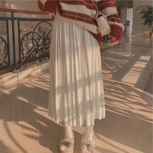 Autumn and Winter High Waist Pleated White Skirt Women Mid-length A-line Long Skirt Pleated Skirt Cover Crotch Skirt