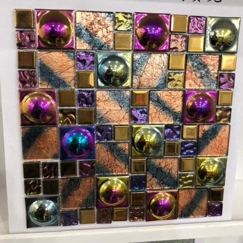 European 3D cap gold electroplate iridescent symphony crystal glass mosaic tile for bathroom kitchen backsplash decoration