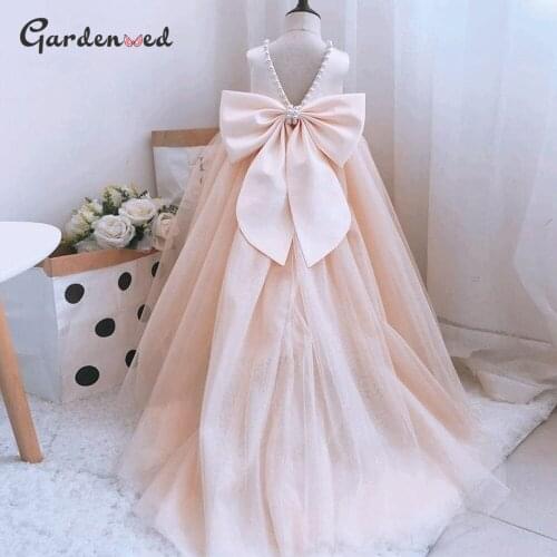 Pink A line Girl Pageant Dresses Tulle Girl Party Gown Pearl Bow Flower Girl Dress First Communion Dress Little Bride Dress