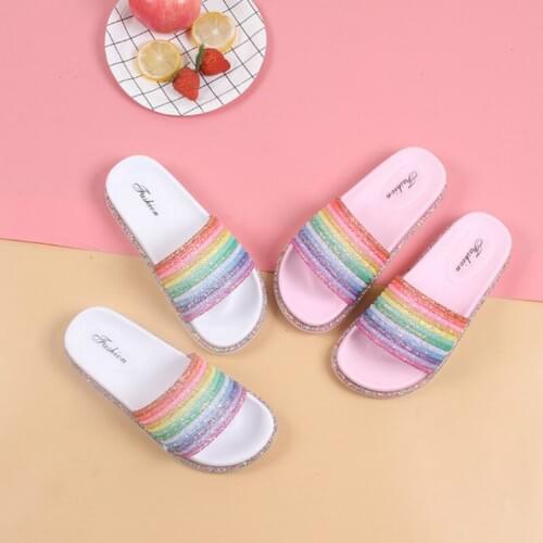 Rainbow Bling Slippers For Girls Summer Non-slip Soft Beach Ladies Slides Flats Shoes Home Women Slipper Outdoor Footwear Sandal
