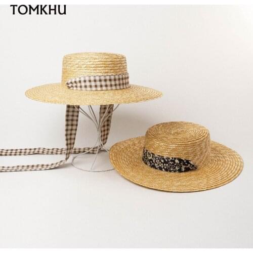 New Spring Summer Vintage Bandage Classical Flat Top Wide Brim Wheat Straw Hat Outdoor Travel Sunscreen Fashion Beach Sun Hats