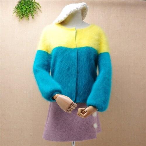 Ladies women fashion colored mink cashmere short style crop top long puff sleeve cardigans angora rabbit fur jacket coat sweater