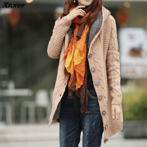 Lady Winter Hooded Fleece Liner Cashmere Cardigan Knitted Sweater Coat Women Thick Warm Long Sleeve Knit Weave Long Jacket Tops