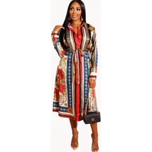 African Shirt Maxi Dress Women Turn Down Collar Lace Up Robes 2021 Fashion Elegant Dashiki Print African Office Lady Dress Gowns