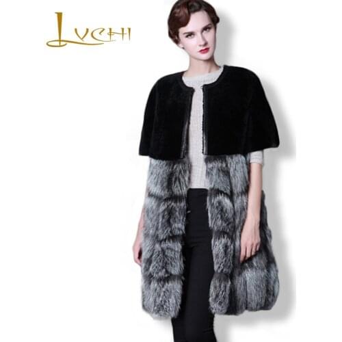 LVCHI Shuba coat cloak style Winter women coats Silver Gray Fox Wool cloak Patchwork skirt Fur Coat Zipper Overcoat Women Furs