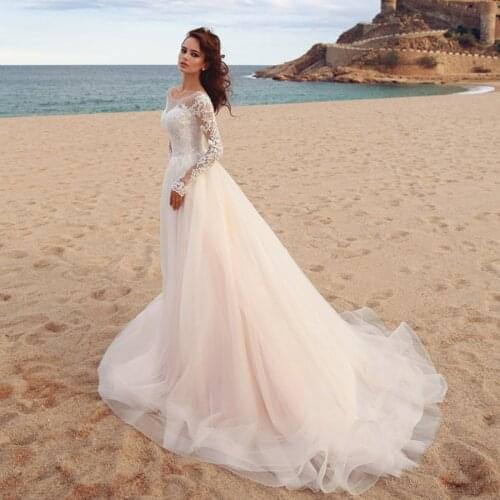 Jiayigong Sexy A-Line Wedding Dress Scoop Long Sleeves Tulle Boho Wedding Gowns Vestido De Novia Princess Wedding Party Dress