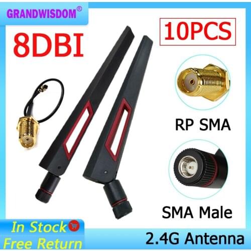 10pcs 2.4GHz WiFi Antenna 8dBi Aerial SMA Male Connector 2.4 ghz antena wi-fi 2.4G +21cm PCI U.FL IPX to RP-SMA Pigtail Cable