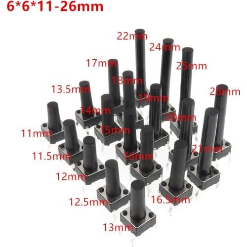 50pcs/lot 6*6*11-26mm micro switch Panel PCB Momentary Tactile Tact 4pin Push Button Switch touch switches black
