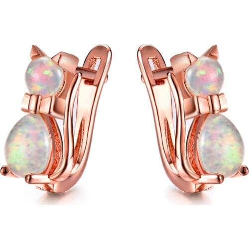 White Blue Pink Purple Opal Hoop Earrings Cute Small Cat Dainty Earrings For Women Vintage Rose Gold Silver Color Animal Earring