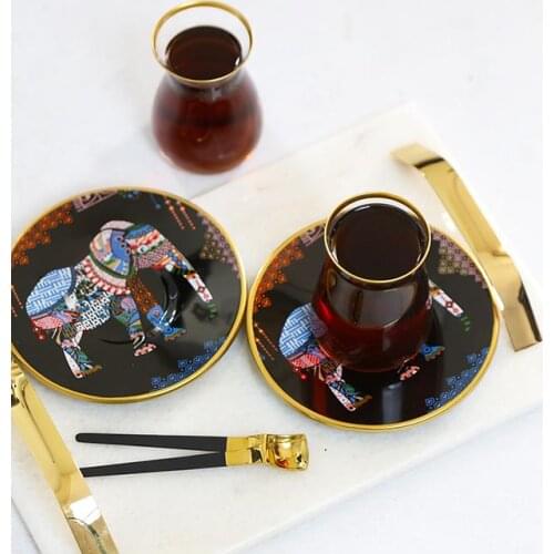 Glore Nihavent Elephant Black Tea Set 2'li modern design glitter stripe cup pattern plate elegant tea team