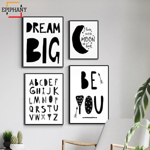 Black and White Alphabet Nursery Canvas Wall Art Decor Dream Big Canvas Painting Scandinavian Picture for Kids Room Decoration