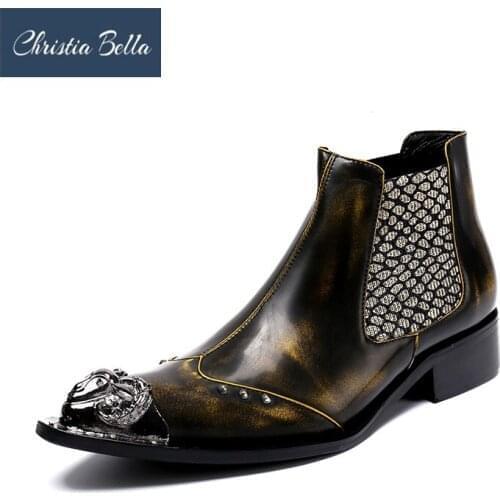 Christia Bella Autumn Winter Men Shoes Genuine Leather Boots New Fashion Metal Pointed Toe Boots Plus Size Ankle Chelsea Boots