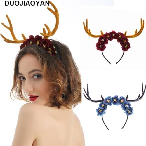 DUOJIAOYAN New cheap ladies Christmas antlers handmade flower headband dress up party Halloween headband