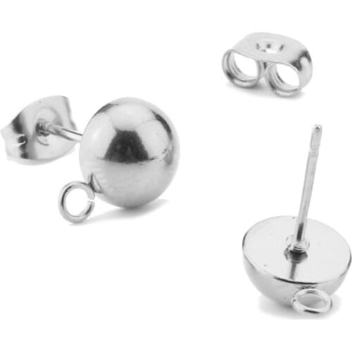20pcs Stainless Steel Solid 6mm/8mm Half Ball Shape Stud Base Earring Connector with Open Ring For Handmade Earrings Making