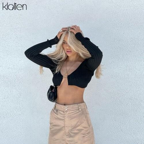 KLALIEN Fashion Sexy Hollow Out Low Chest Long Sleeve Slim Solid Rib Knit T Shirt For Women Autumn Streetwear Y2K Punk Crop Top