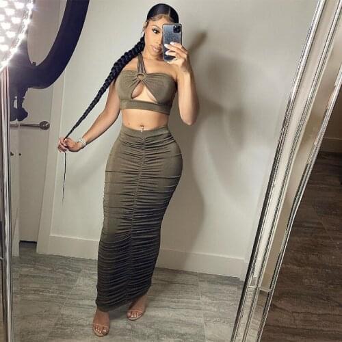 Summer Elegant 2 Piece Set Women One Shoulder Top+Ruched Midi Skirt Skinny Solid Stretchy Streetwear Trend Outfits Matching Sets