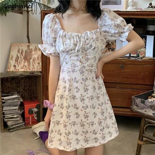 Sweet Short Puff Sleeve Dress Women Trendy Square Collar Printed Backless Mini Dresses Female Ins Retro Stylish Elegant Summer