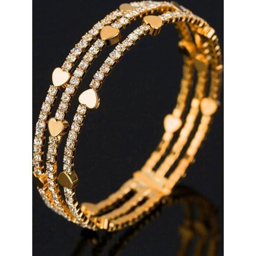 Cute Female Crystal Rhinestone Bangle Big Yellow Gold Heart Bracelets Bangles For Women Vintage Retro Valentines Day Gifts