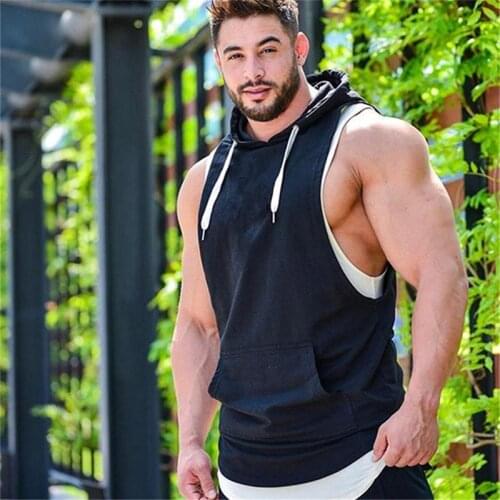 Fashionable Mens Hooded Vest Jackets Summer Bodybuilding Gyms Lightweight Sleeveless Contrast Hoodie Tank Tops Male Clothing