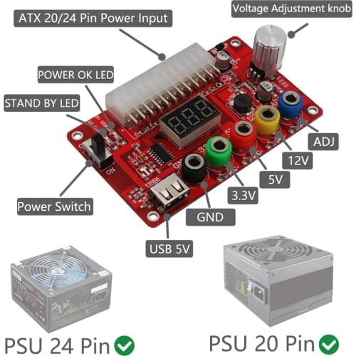 New Version 24 Pins ATX Power Supply Breakout Board and Acrylic Case Kit with ADJ Adjustable Voltage Knob Reset Protection