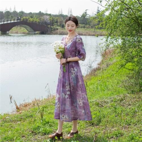2021 Summer New Ramie Tencel Dress Literary Retro Self-cultivation Waist Thin Five-point Sleeve Temperament Long Skirt