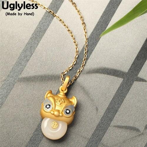 Uglyless China Chic Lion Pendants for Women Natural Hotan Jade Peace Buttons Necklaces NO Chains Gold Animals 925 Silver Jewelry