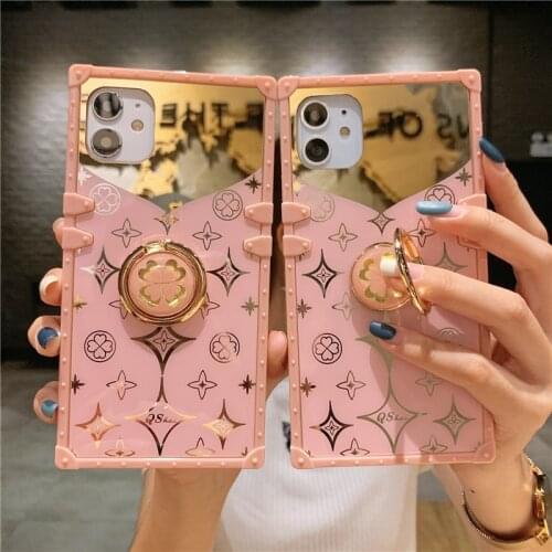 Luxury Square Mirror Pink Phone Case For iPhone 11 Pro XS Max XR X 10 12 6 7 8 Plus Hot Fashion Ring Holder Stand Cover Coque