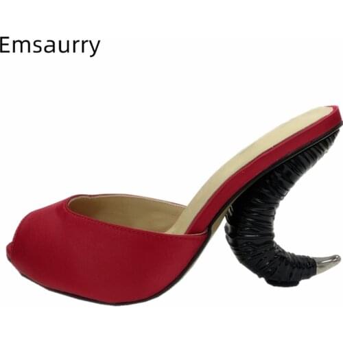 Novelty Horn-shaped Strange Heel Sandals Women Luxury Satin Peep Toe Slingbacks Slip-on Summer Mules For Girls