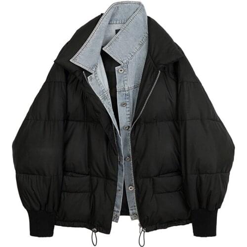 [Spot] Denim stitching bread clothes womens autumn and winter new style fake two-piece fashion warm cotton-padded clothes