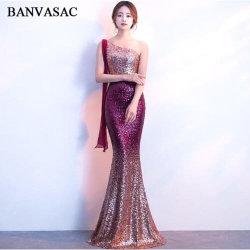BANVASAC 2019 One Shoulder Sequined Mermaid Long Evening Dresses Elegant Party Gradient Color Backless Prom Gowns
