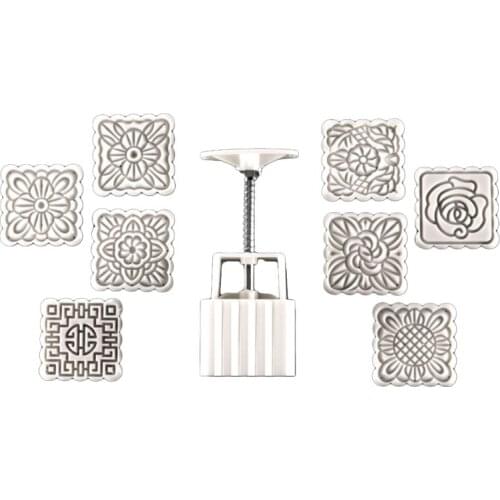 100g Mooncake Barrel Mold with 8pcs Square Flower Stamps Hand Press Moon Cake Pastry Mould DIY Bakeware Mid-autumn Festival