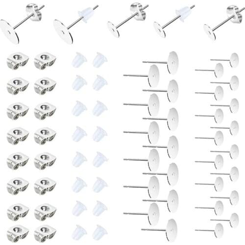 450 Pcs Stainless Steel Flat Pad Earrings Posts Butterfly Silicone Bullet Earring Backs Blank Pin Studs for DIY Jewelry