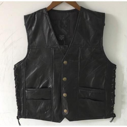 Side Brand Mens Laces Adjustable Black Leather Motorcycle Vest MC Biker Vests Soft Sheepskin US S-4XL