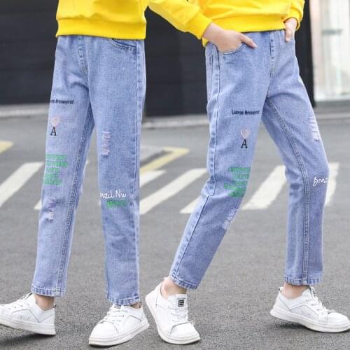 Pencil Pants For Teen Girls Fashion Letters Print Ripped Trousers New Spring Casual Style Slim Jeans Teenagers Clothes 4-14Years