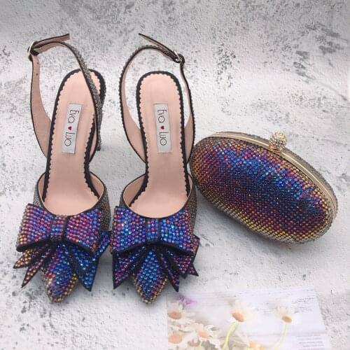 BS1235 Custom Handmade Multicolor Crystal SlingBacks Dress Pumps Big Size Women Shoes Low Heel Bridal Wedding Shoes And Bag Set