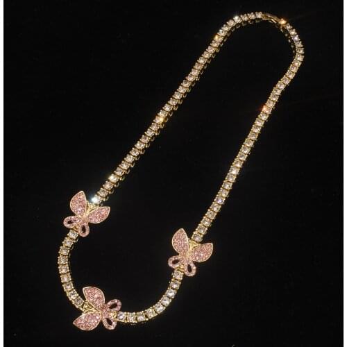 Butterfly Charm Pendant Cokers Necklaces Women Jewelry 1 Row Tennis Chain Gold Silver Color Bling Hip Hop Rap Rock Design