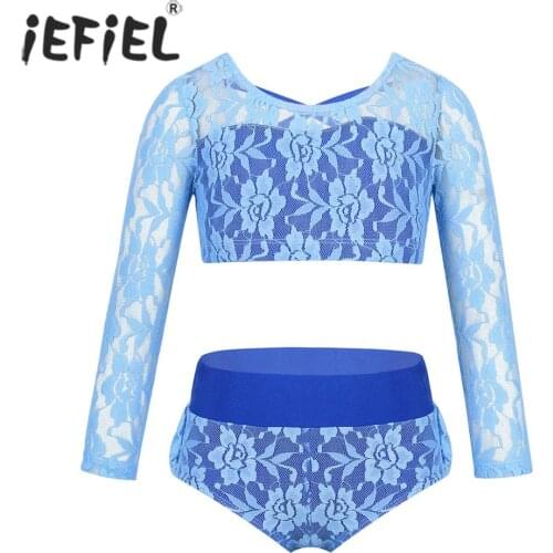 Kids Girls Dancewear Lace 3/4 Sleeves Criss Cross Back Crop Top with ruffled Briefs Gymnastics Leotard for Dancing Performance