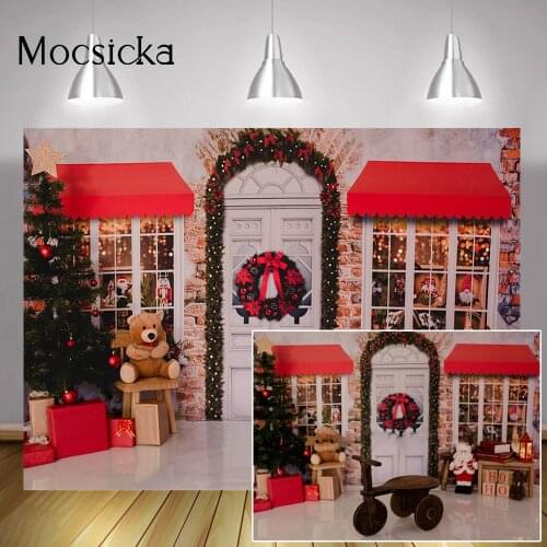 Photography Red Christmas Birthday Portrait Backdrop Winter Window White Retro Door Background Gift Bear Santa Claus Photo Shoot