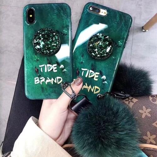 Emerald Green Phone Case for iphone 6 6s 7 8 plus Rhinestones Phone Stand Holder Plush Strap Back Cover For iphone X XR XS MAX