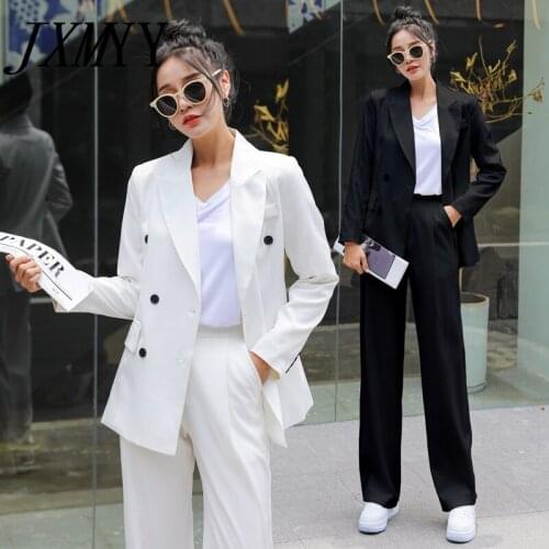 JXMYY 2021 Autumn New Fashion Black And White Casual Temperament Suit + Loose Wide-Leg Pants OL Suit Two-Piece Suit