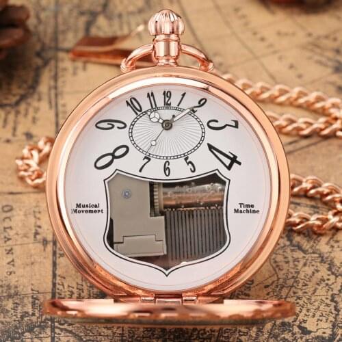 Black Circle Numbers Musical Movement Pocket Watch FOB Chain Hand Crank Playing Music Unique Art Collectibles Gift for Men Women