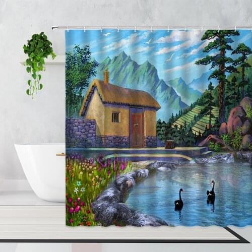 Oil Painting Landscape Shower Curtain Rural Wooden House Flowers Plant Lake Forest Home Decor Curtains Waterproof Bathtub Screen