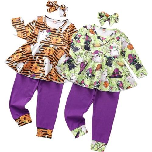 18 M -6 Y Girls Halloween Three-Piece Clothes Set Printed Pattern Long Sleeve Pullover Pants And Headdress Casual Daily Wear
