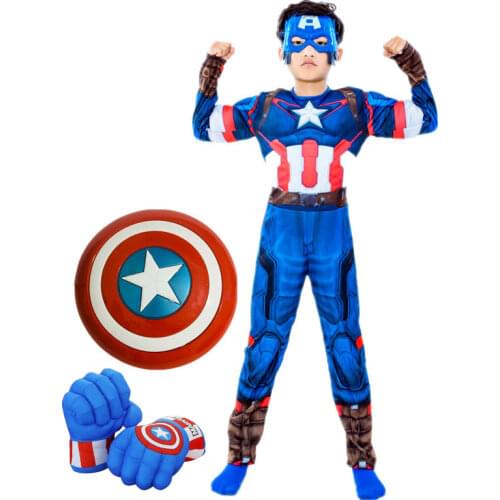 Boy Captain America Superhero Cosplay Costume/Gloves/Shield Party Props