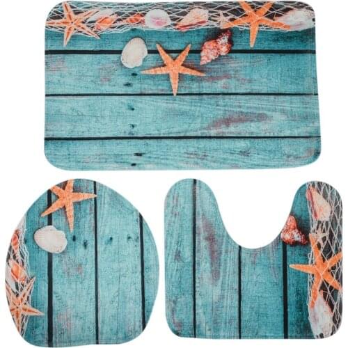 Beach Seashells Starfish Sand Bath Mat Holidays Summer Bathroom Carpet Rug Non-Slip 3 Piece Toilet Mat Set Starfish Floor