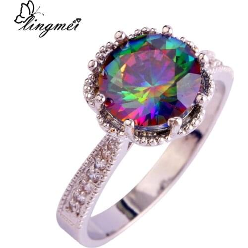 Lingmei Wholesale Romantic Style Fashion Jewelry Round Cut Rainbow & White CZ Silver ColorRing Size 6-9 10 11 Free Shipping