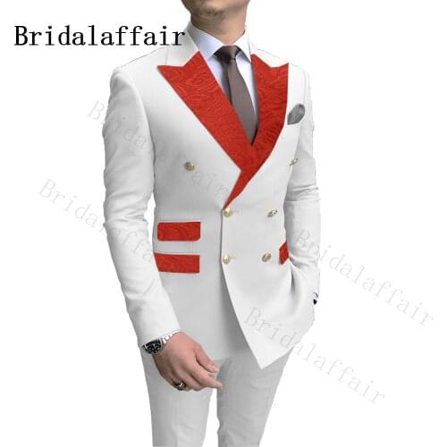 Bridalaffair Design Double Breasted Men Suits White with Red Paisley Peaked Lapel Blazer Best Man Ring Boy Wedding Party Tuxedos