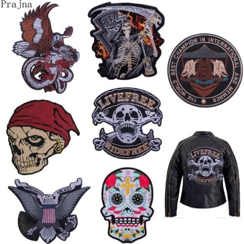 Prajna Skull Hippie Patch Applique Big Motorcycle Jacket Patches Rock Iron On Ironing Embroidered Biker Patch For Clothes Fabric
